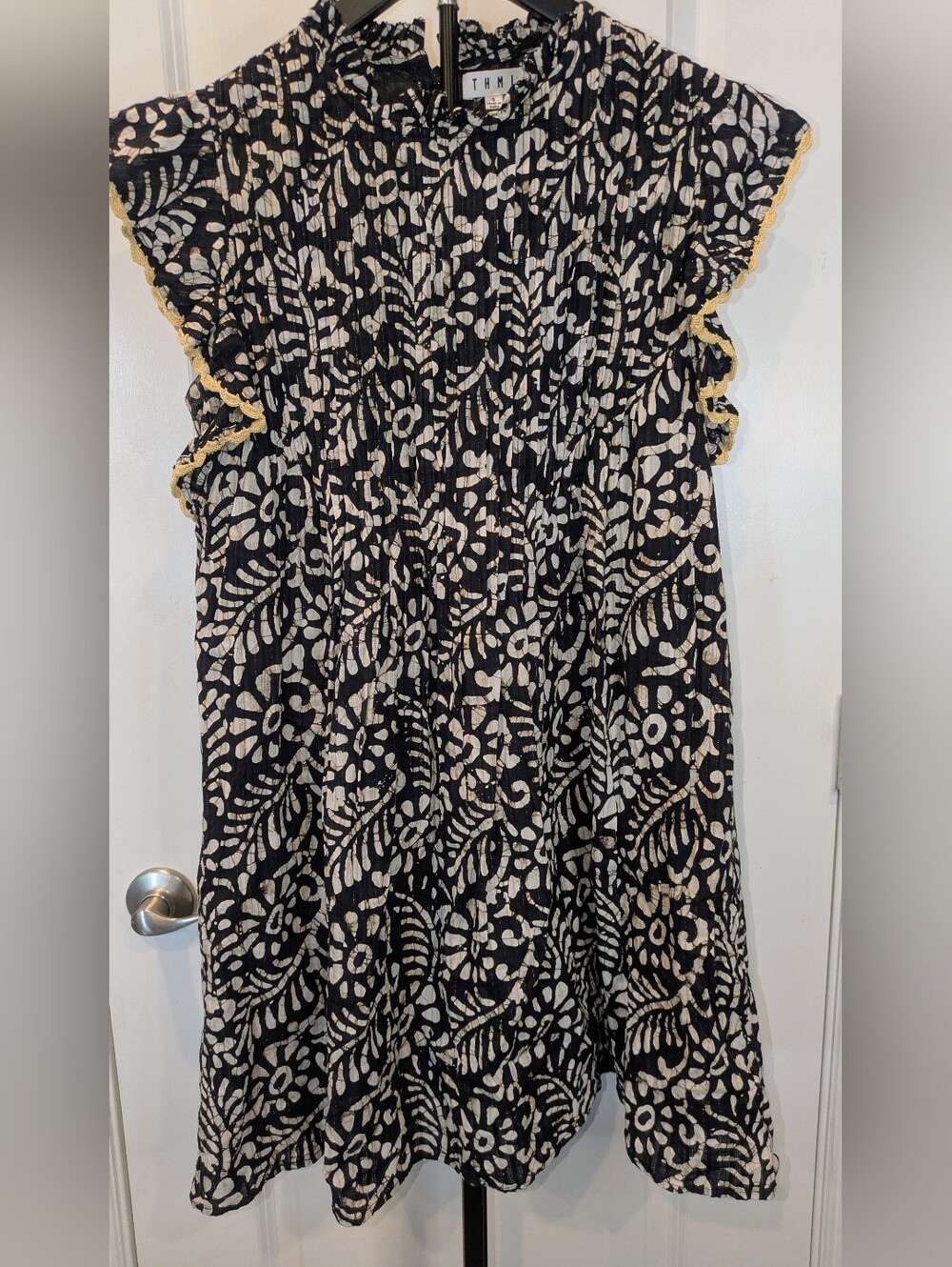 THML Black Cream batik-inspired Floral Ruffle Sleeve Mini Dress Small